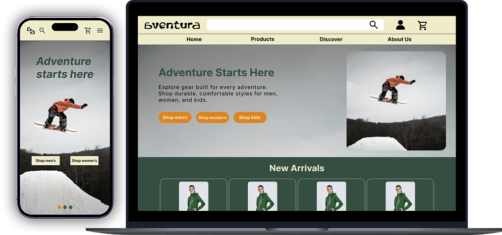 Aventura website mockup shown on mobile and desktop screens